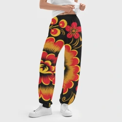 Женские джоггеры оверсайз 3D Хохломская роспись красно-жёлтые цветы на чёрном фоне - фото 2