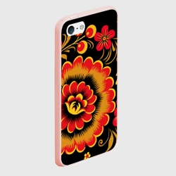 Чехол для iPhone 5/5S матовый Хохломская роспись красно-жёлтые цветы на чёрном фоне - фото 2