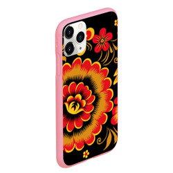 Чехол для iPhone 11 Pro Max матовый Хохломская роспись красно-жёлтые цветы на чёрном фоне - фото 2