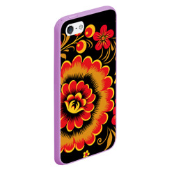 Чехол для iPhone 5/5S матовый Хохломская роспись красно-жёлтые цветы на чёрном фоне - фото 2