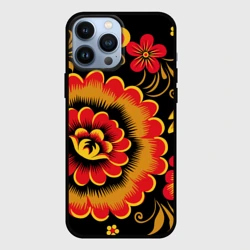 Чехол для iPhone 13 Pro Max Хохломская роспись красно-жёлтые цветы на чёрном фоне