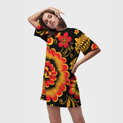 Платье-футболка 3D Хохломская роспись красно-жёлтые цветы на чёрном фоне - фото 2