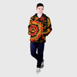 Мужская куртка 3D Хохломская роспись красно-жёлтые цветы на чёрном фоне - фото 2