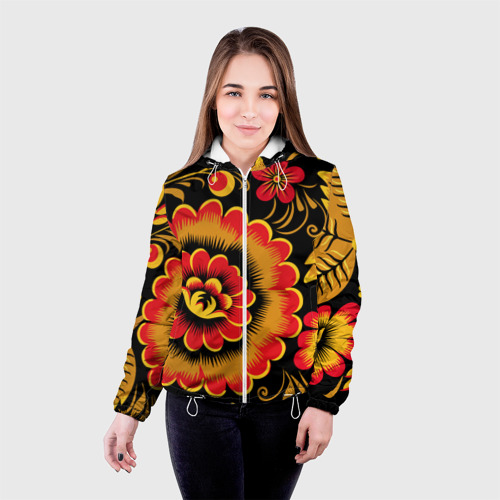 Женская куртка 3D Хохломская роспись красно-жёлтые цветы на чёрном фоне, цвет белый - фото 3