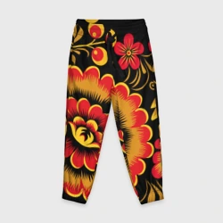 Детские брюки 3D Хохломская роспись красно-жёлтые цветы на чёрном фоне