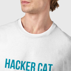 Футболка с принтом Кот за ноутбуком хакерит для мужчины, вид на модели спереди №4. Цвет основы: белый