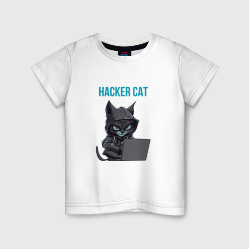 Детская футболка хлопок с принтом Кот за ноутбуком хакерит, вид спереди #2