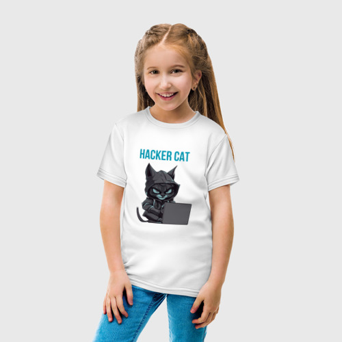 Детская футболка хлопок с принтом Кот за ноутбуком хакерит, вид сбоку #3