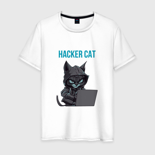 Мужская футболка из хлопка с принтом Кот за ноутбуком хакерит, вид спереди №1