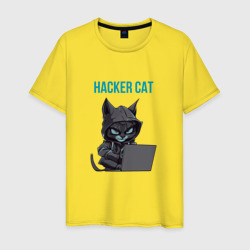Кот за ноутбуком хакерит – Мужская футболка хлопок с принтом купить со скидкой в -20%