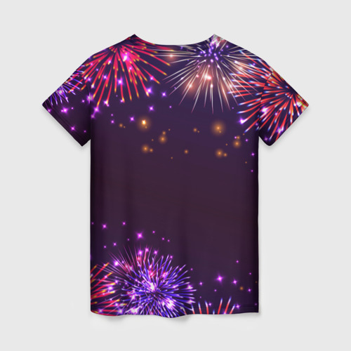 Женская футболка 3D с принтом Праздничный биатлонист: фейерверк, вид сзади #1