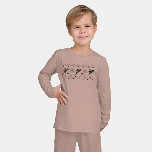 Детская пижама с лонгсливом хлопок Геометрический узор из черных летящих драконов и снежинок, цвет пыльно-розовый - фото 3
