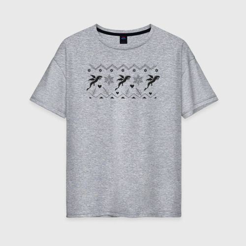 Женская футболка хлопок Oversize Геометрический узор из черных летящих драконов и снежинок, цвет меланж