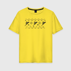 Женская футболка хлопок Oversize Геометрический узор из черных летящих драконов и снежинок