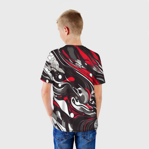 Детская футболка 3D с принтом Красно-белые волны, вид сзади #2