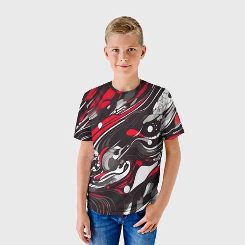 Детская футболка 3D с принтом Красно-белые волны, фото на моделе #1