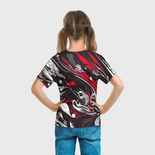 Детская футболка 3D с принтом Красно-белые волны, вид сзади #2