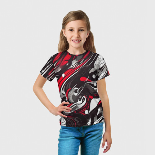 Детская футболка 3D с принтом Красно-белые волны, вид сбоку #3