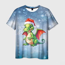 Мужская футболка 3D Милый маленький новогодний дракон в новогодней шапочке