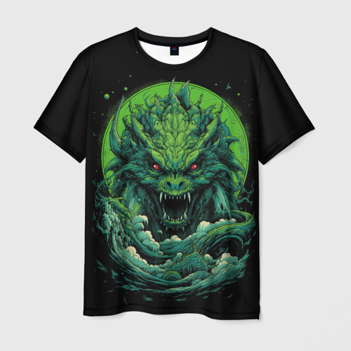 Мужская футболка с принтом Зеленый яркий неоновый дракон  2024  год, вид спереди №1