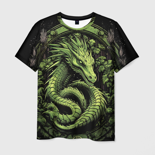 Мужская футболка с принтом Зеленый яркий неоновый  дракон  2024  год, вид спереди №1