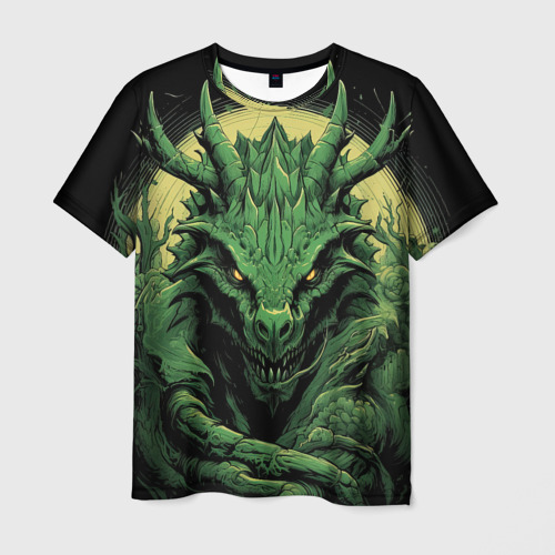 Мужская футболка с принтом Зеленый яркий  неоновый  дракон  2024  год, вид спереди №1