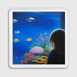 Магнит 55*55 Девушка смотрит на рыб в аквариуме