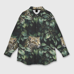 Мужская рубашка oversize 3D Ягуар в тропической листве