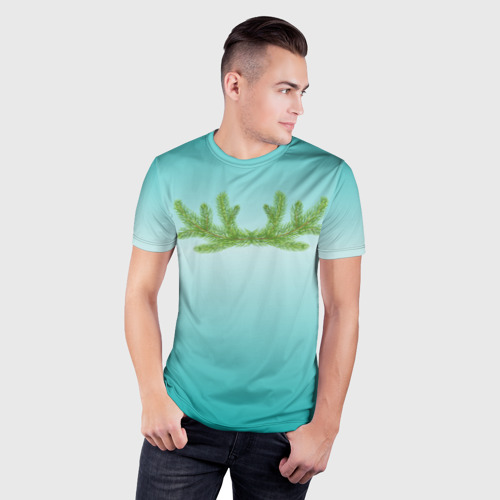 Мужская футболка 3D Slim Еловые веточки в виде  оленьих рогов, цвет 3D печать - фото 3