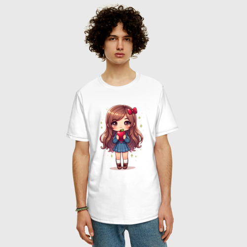 Мужская футболка хлопок Oversize с принтом Милая девочка с яблоком, фото на моделе #1