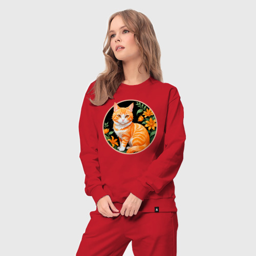 Женский костюм хлопок с принтом Рыжий котик любуется цветами, вид сбоку #3