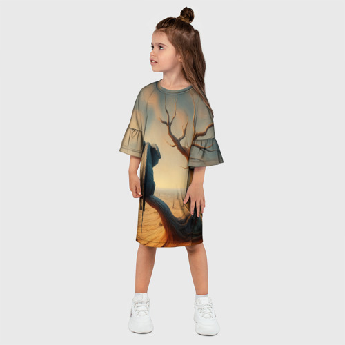 Детское платье 3D с принтом Слон сидит на ветке сухого дерева, фото на моделе #1