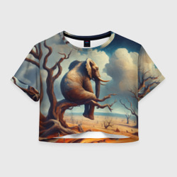 Женская футболка Crop-top 3D Слон сидит на ветке дерева в пустыне
