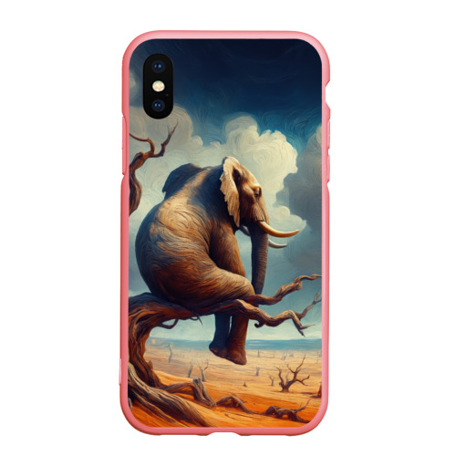 Чехол для iPhone XS Max матовый с принтом Слон сидит на ветке дерева в пустыне, вид спереди #2