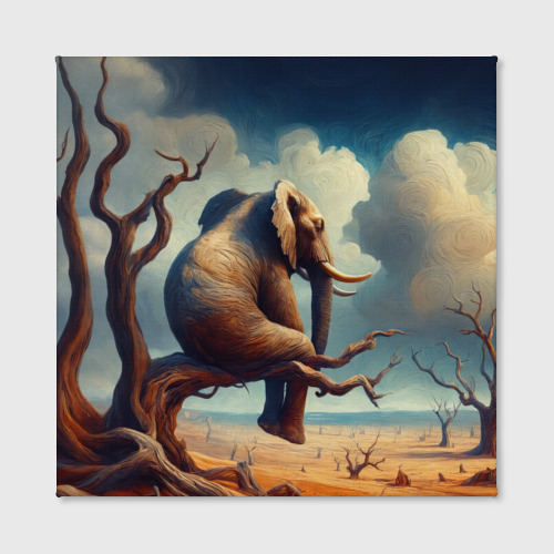 Холст квадратный Слон сидит на ветке дерева в пустыне, цвет 3D печать - фото 2