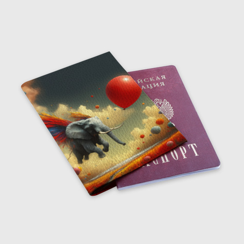 Обложка для паспорта матовая кожа Сюрреалистичный слон летит за шариком, цвет красный - фото 3