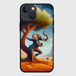 Чехол для iPhone 13 mini Слон занимается йогой возле дерева
