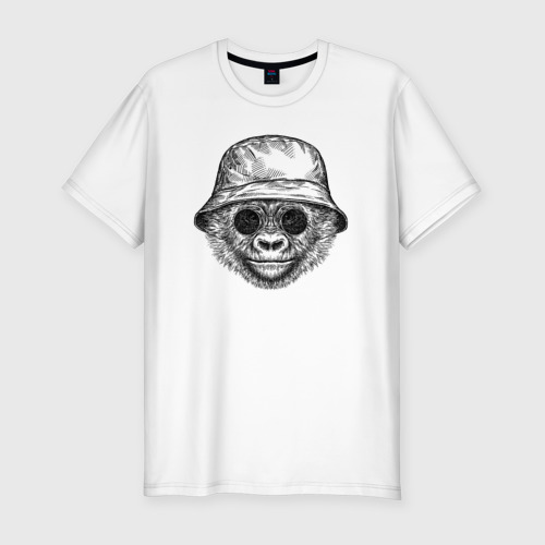 Мужская футболка хлопок Slim с принтом Стильный детеныш гориллы, вид спереди #2