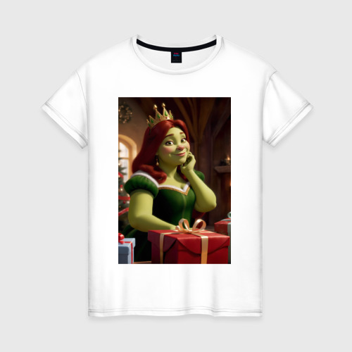 Женская футболка из хлопка с принтом Фиона с подарками, вид спереди №1