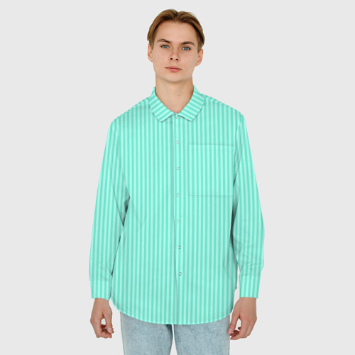 Мужская рубашка oversize 3D с принтом Мятный тонкие полосы, фото на моделе #1
