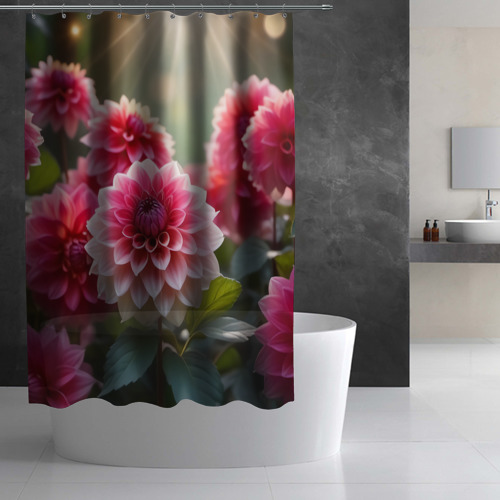 Штора 3D для ванной Розово-красные георгины в лесу - фото 2