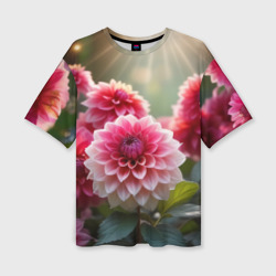 Женская футболка oversize 3D Розово-красные георгины в лесу
