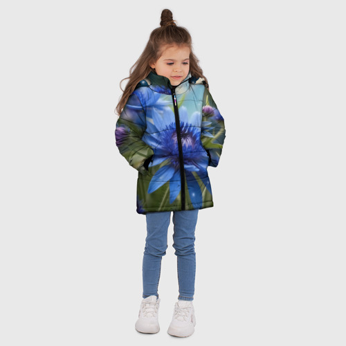 Зимняя куртка для девочек 3D Голубой цветок  в траве, цвет красный - фото 5
