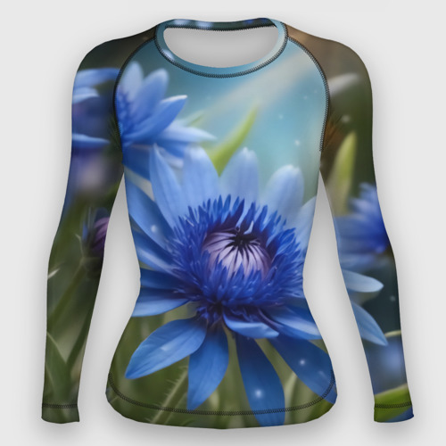 Женский рашгард 3D Голубой цветок  в траве, цвет 3D печать
