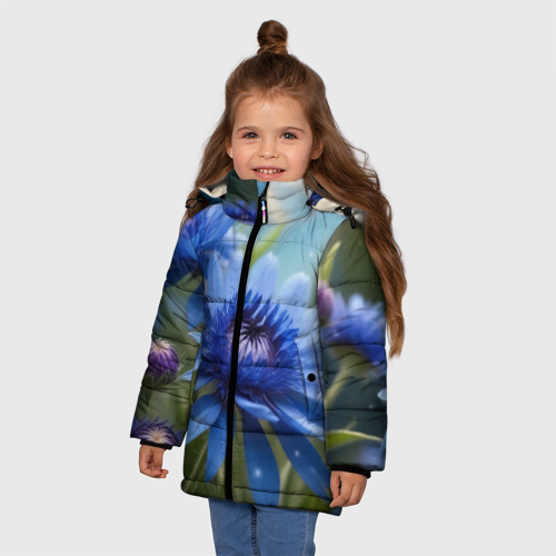 Зимняя куртка для девочек 3D Голубой цветок  в траве, цвет красный - фото 3