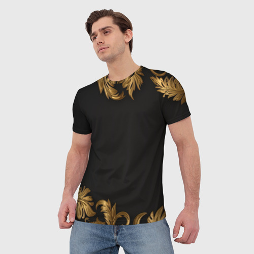 Мужская футболка 3D Золотые объемные листья на черном, цвет 3D печать - фото 3