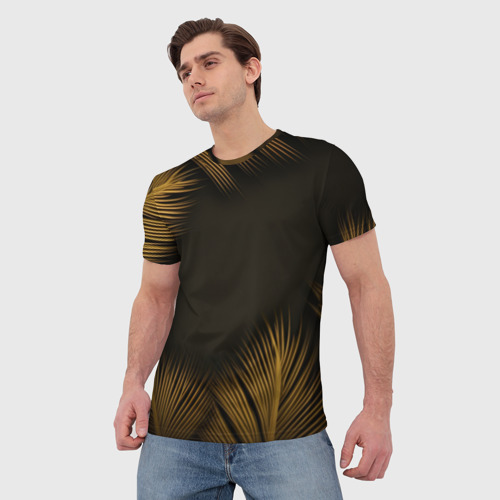 Мужская футболка 3D Тонкие золотые листья на черном фоне, цвет 3D печать - фото 3