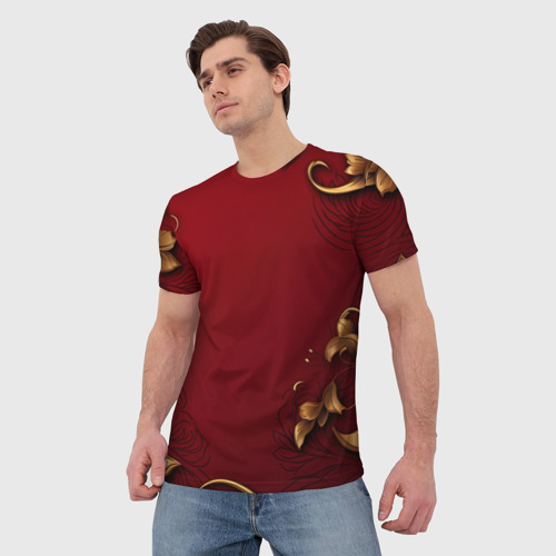 Мужская футболка 3D Узоры золотые на  красном фоне, цвет 3D печать - фото 3