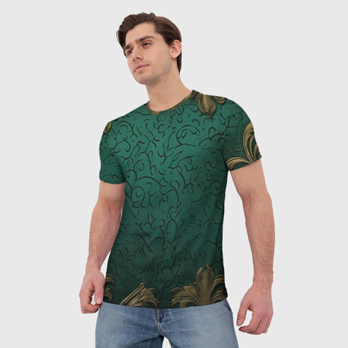 Мужская футболка 3D Узоры золотые на зеленом фоне, цвет 3D печать - фото 3