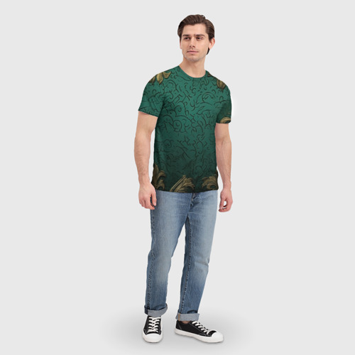 Мужская футболка 3D Узоры золотые на зеленом фоне, цвет 3D печать - фото 5